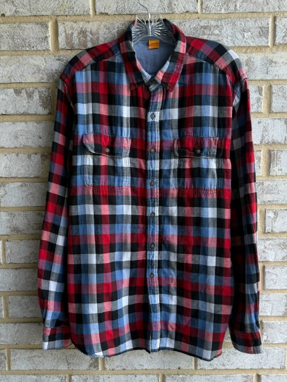 Tailor Vintage Long Sleeve Button Up Plaid/Solid Reversible Shirt Men's Size L